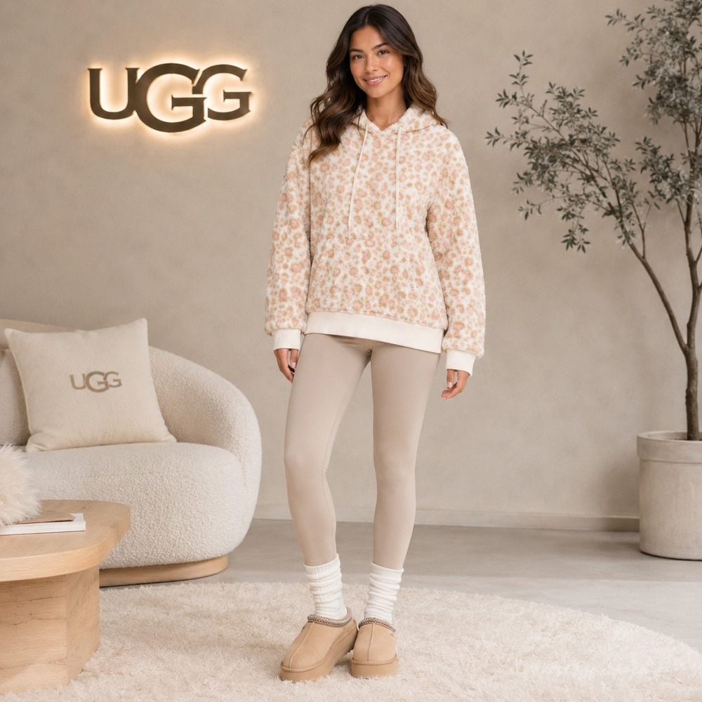 UGG Women's Hoodie Pullover MEDIUM Cozy Sherpa Leopard Kangaroo Pockets 1121380